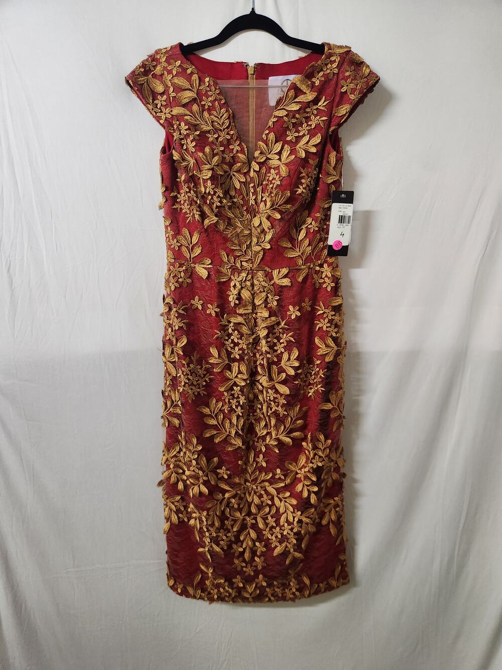 JS Collections Petite 4 Burgundy Gold Embroidered Lace Cocktail Dress NWT